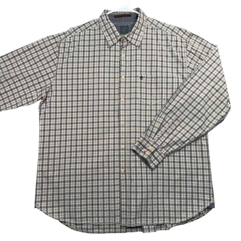 Timberland Button Down Shirt Mens XL Grey Blue Plaid Long Sleeve Pocket